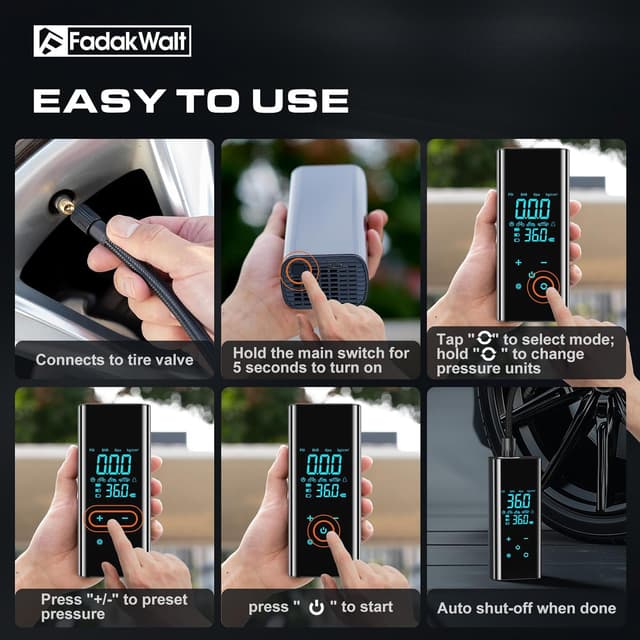 Detalle de FADAKWALT Tire Inflator Portable Air Compressor (Cordless, 150 PSI, Digital Gauge, Touch Screen)