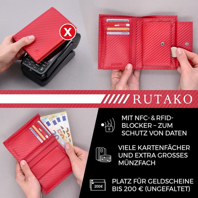 Detalle de RUTAKO Herren-Leder-Geldbörse mit RFID-Schutz, Querformat mit Münzfach und 12 Fächern (Carbon-Rot)