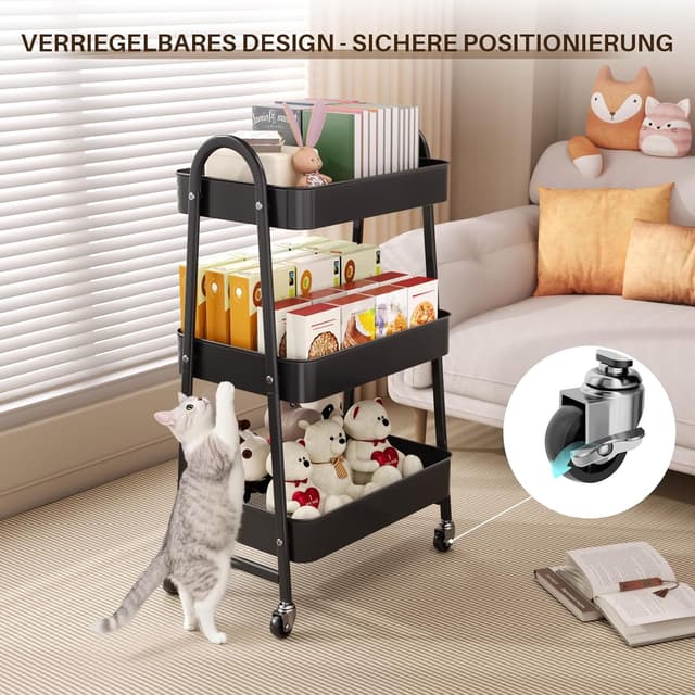 Detalle de StowBin 3-stöckiger Metallrollwagen in Schwarz – schmaler Rollwagen für Küche, Bad & Arbeitszimmer