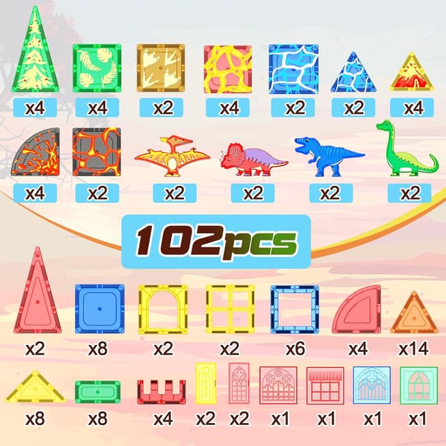 Thumbnail 5 de 102PCS Dinosaur Magnetic Tiles Set with 8 Dinosaurs 🧩