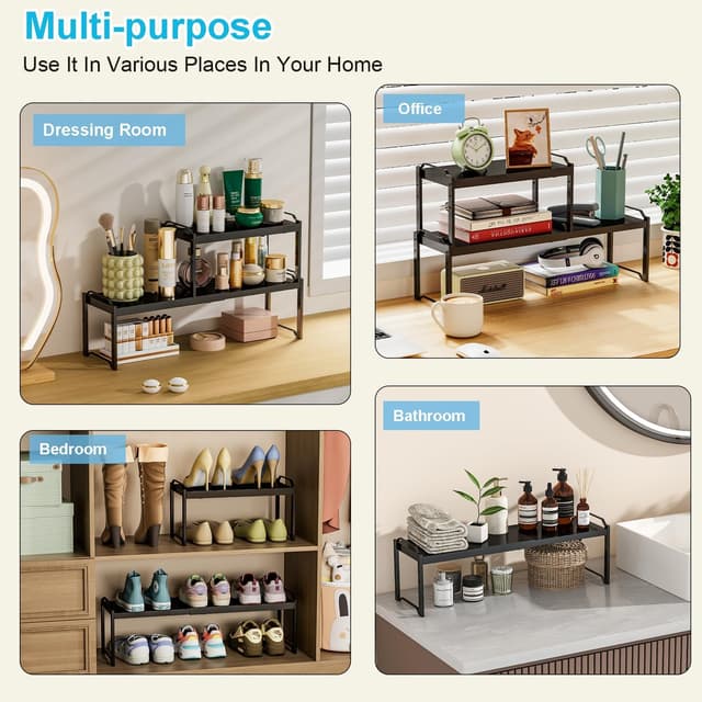 Thumbnail 6 de 15.5–25.5 Inch Adjustable Kitchen Cabinet Shelf Organizers (Set of 3) — Expandable, Stackable Countertop Storage Shelves, 30LBS Heavy Duty