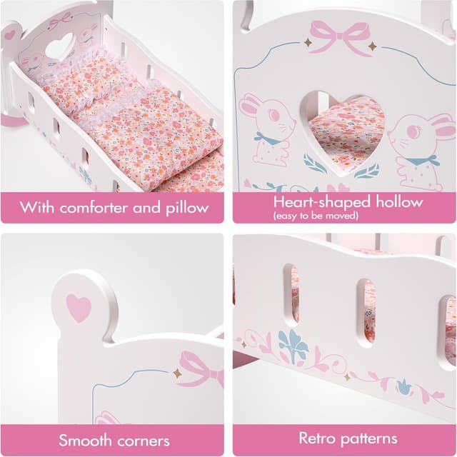 Detalle de ROBOTIME Wooden Baby Doll Crib for 18-24 Inch Dolls (with blanket and pillow) — rocker doll cradle bed