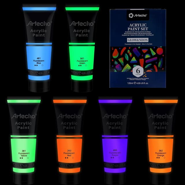 Detalle de Artecho Acrylfarbe Leuchtfarbe im 6er-Pack (120 ml) – wasserfest, lichtbeständig und schnell trocknend
