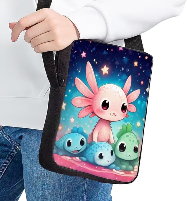 Detalle 2 de Chaqlin Kawai Axolotl crossbody bag for kids and girls (pink sling satchel)