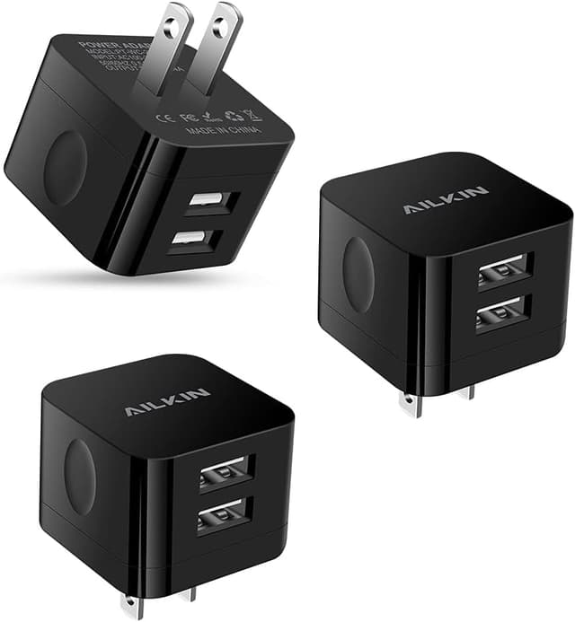 Detalle 2 de AILKIN 2-Pack 2.4A Dual USB Wall Charger (Flat, 90-Degree Plug) for iPhone & Samsung