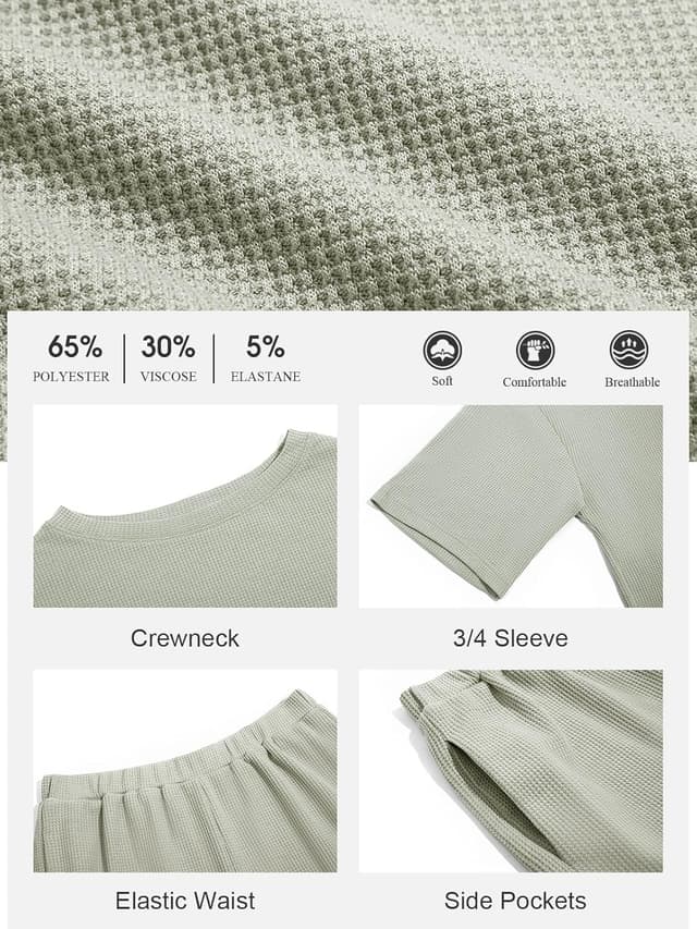 Detalle de Tankaneo Women’s Waffle Knit 2-Piece Lounge Set: 3/4 Sleeve Top & Elastic Waist Shorts