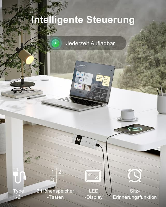 Detalle 2 de Devoko höhenverstellbarer Schreibtisch elektrisch 140x80 cm (Typ-C Ladeanschluss) in Weiß