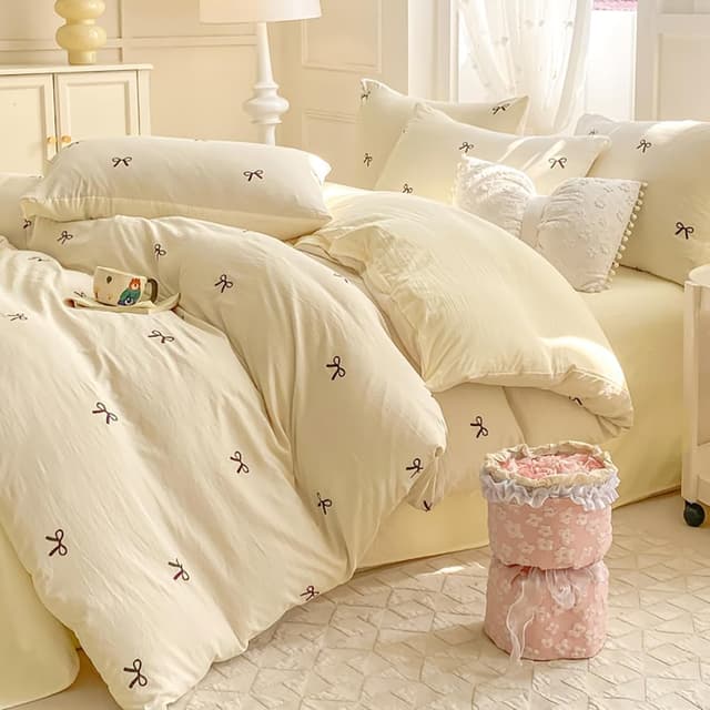 Detalle 2 de Parure de lit adulte Covebett réversible 220x240 cm blanc et jaune nœud papillon avec fermeture éclair