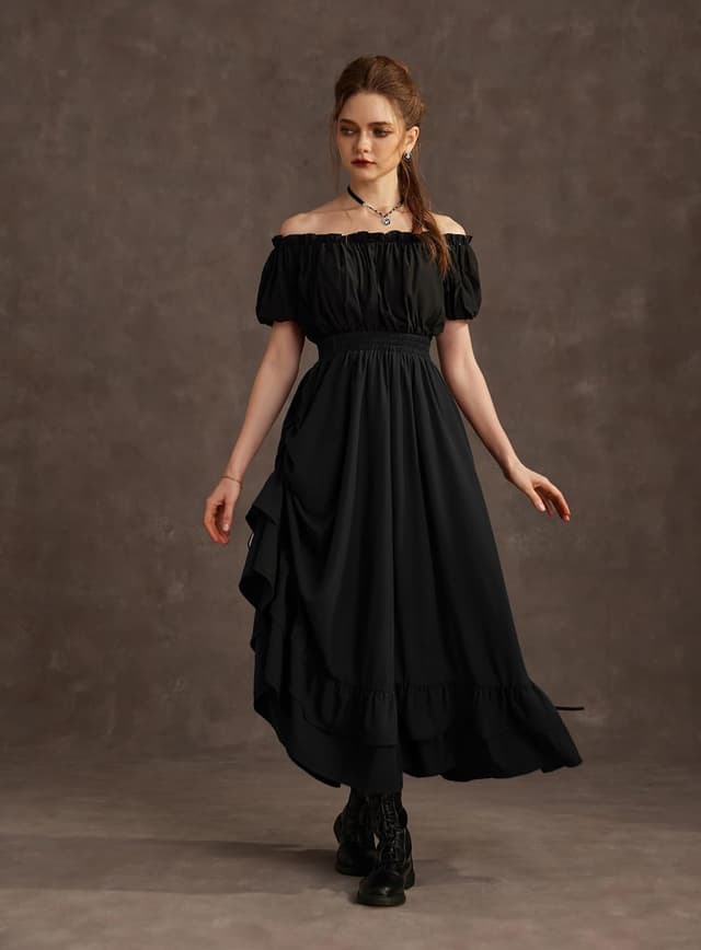 Detalle de SCARLET DARKNESS Jupe longue médiévale seampunk à taille haute, double couche à volants (noir) – L