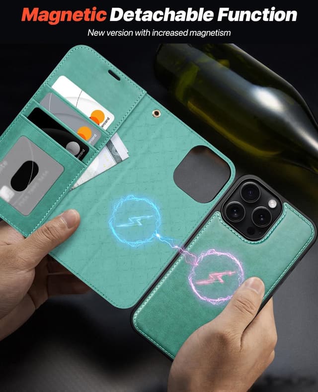 Detalle de OCASE iPhone 16 Pro Hülle (2in1) aus Leder – stoßfest, abnehmbare Magnet-Fliphülle mit Kartenfach, RFID & Standfunktion (grün)