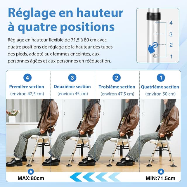 Detalle 2 de DEWEL Chaise de douche pliable avec dossier et accoudoir, hauteur réglable (jusqu’à 150 kg), gris