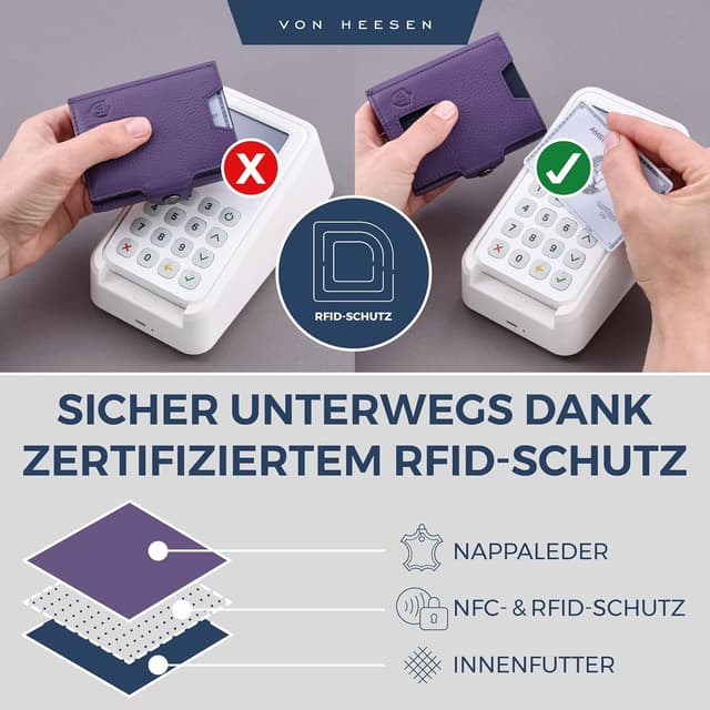 Detalle de VON HEESEN Slim Wallet mit RFID-Schutz – Leder-Kreditkartenetui im Querformat, klein & flach