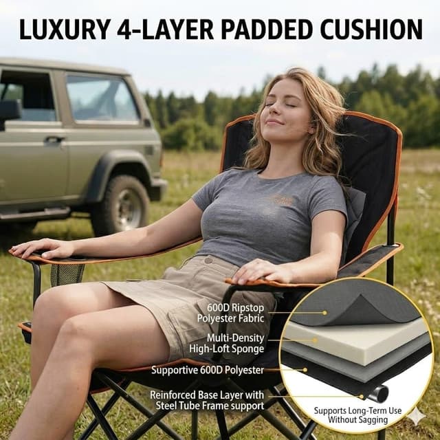 Detalle de FAIR WIND 2 Pack Fully Padded Camping Chairs (350LBS) with Cup Holder & Side Pocket