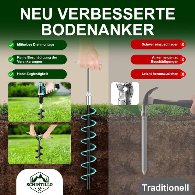 Detalle de SCHINTILLO Verbessert Sturmband & Spiralförmige Bodenanker für Markise/Vorzelt (37 cm, 120 km/h)
