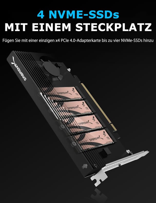 Detalle 2 de SABRENT Quad NVMe zu PCIe 4.0 x16 Adapterkarte (EC-P4BF) für 4-Laufwerk-Setup mit Kühlung