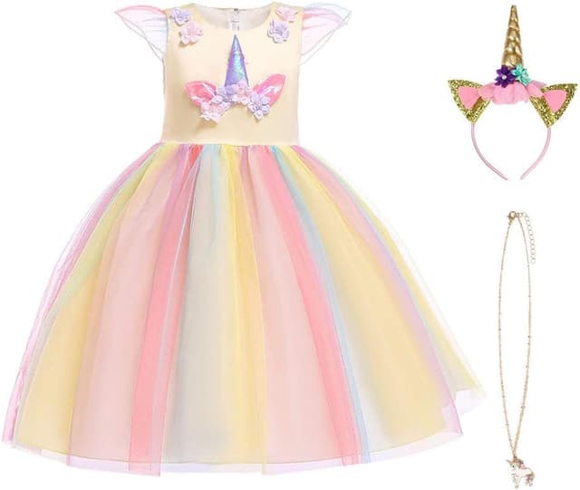 Detalle de URAQT Mädchen Prinzessin Kleid Einhorn-Design (100 cm) mit Halskette und Stirnband – Karneval & Party