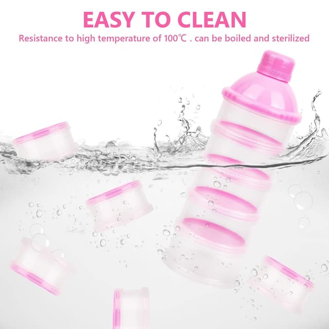 Detalle 2 de Vicloon Milchpulver Portionierer mit 5 Fächern (5-lagig), tragbar & stapelbar – für unterwegs und Nachtpflege (Rosa)