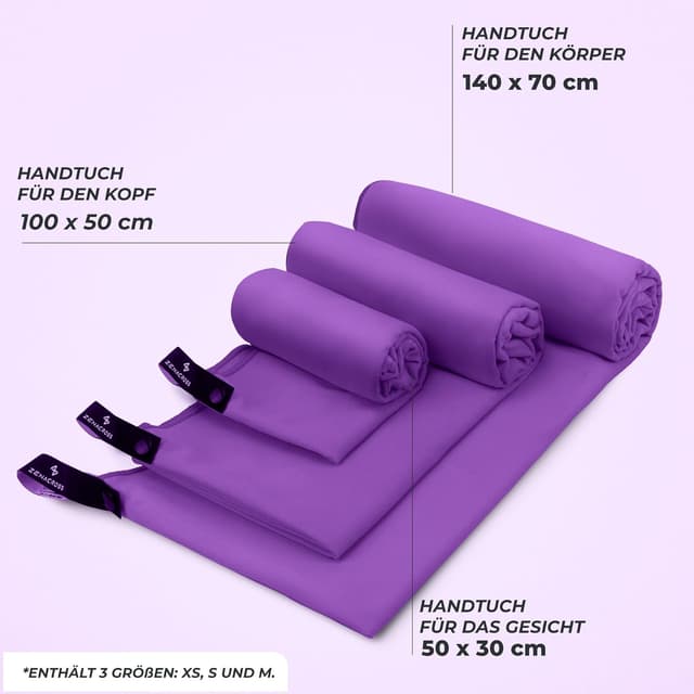 Thumbnail 4 de ZENACROSS Mikrofaser Handtuch 3er Set mit Transportbeutel – schnelltrocknendes Sporthandtuch in Lila (XS, S, M, L)
