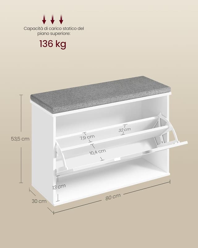 Detalle 2 de VASAGLE LSB122WB01: panchina scarpiera da ingresso con 3 ripiani e cassettto a ribalta