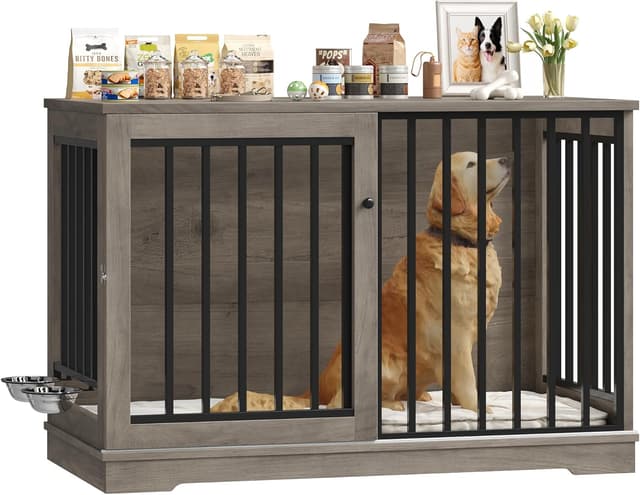 FirFurd Hundekäfig Möbel 120 cm breit – Hundebox aus Metall und Holz, inkl. Schiebetüren (120 x 90 x 60 cm)