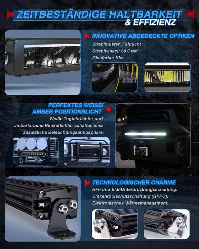Detalle de 10-Zoll LED-Scheinwerfer 12/24V (40W, 5000 lm) IP69 – weiß/amber Zusatzscheinwerfer mit Linien, E-geprüft