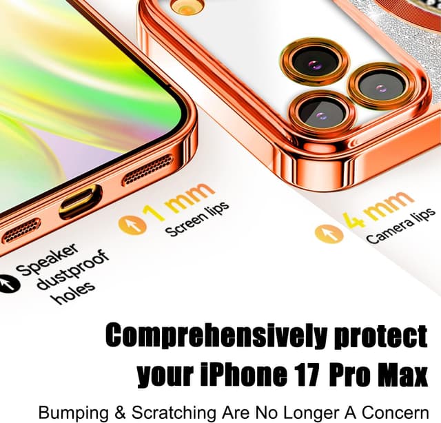 Detalle de Misscase Magnetic Glitter Case for iPhone 17 Pro Max (6.9"), Orange – MagSafe-ready slim shockproof cover