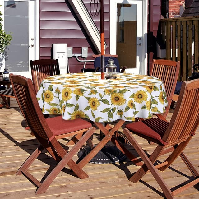 Detalle de Qucover Sunflower Outdoor Tablecloth (Round 150cm) with Parasol Hole & Zipper, Wipe-Clean Polyester