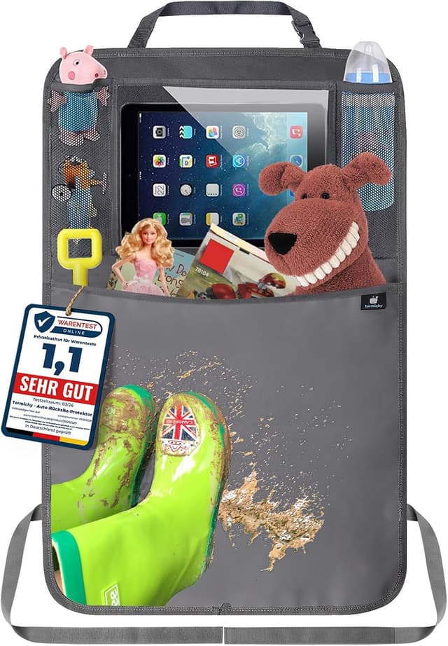 Detalle de Termichy Rückenlehnenschutz fürs Auto mit Organizer & wasserdichtem Schutzplane – für Kinder, Rücksitz (1 Stück) grau