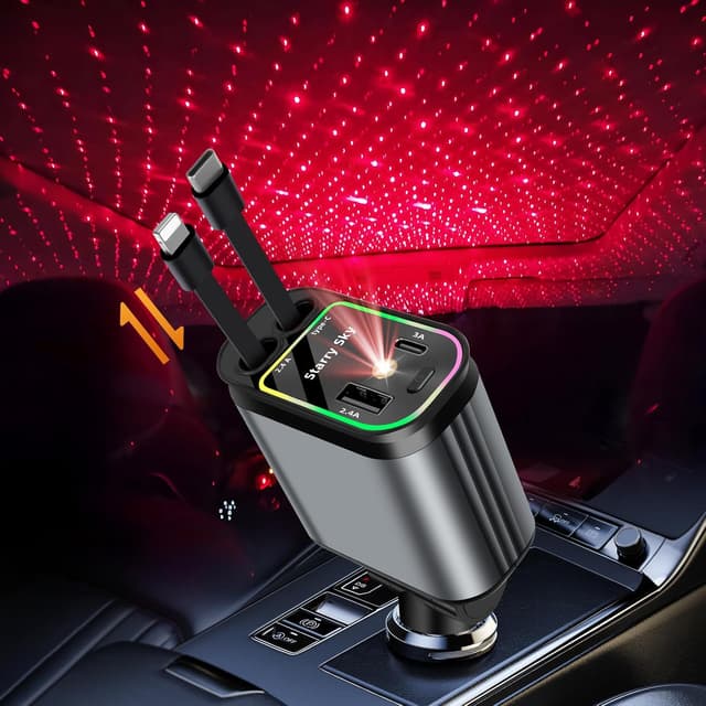 Detalle de SUPRBIRD Retractable Car Charger 4 in 1 (66W USB-C) with Starry LED Interior Lights – Black