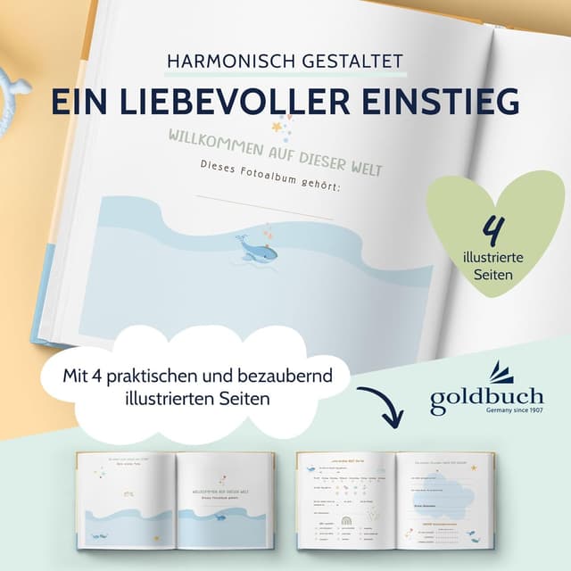 Detalle de goldbuch 15 395 Babyalbum Blue Whale – Babybuch mit Wal-Motiv, 30 x 31 x 4 cm