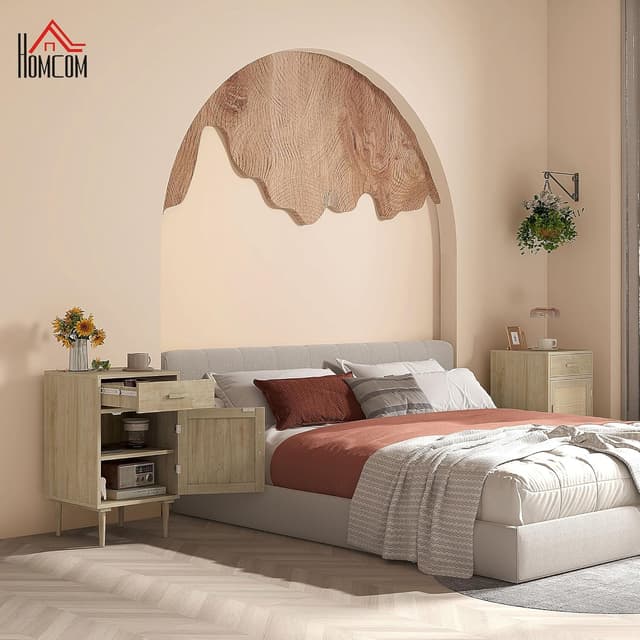 Detalle 2 de HOMCOM Table de chevet bohème naturelle avec placard, étagère réglable et tiroir – 40 x 40 x 68,5 cm