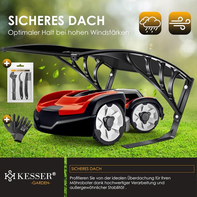 Detalle de KESSER® Mähroboter-Garage mit Dach aus Polycarbonat (82 x 103 x 47 cm) – inkl. Handschuhe & Brushset, schwarz