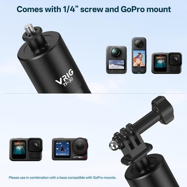 Detalle 2 de VRIG TP-30 Selfie-Stick-Stativ bis 180 cm für Actionkameras (1/4" Schraube, GoPro-Adapter)