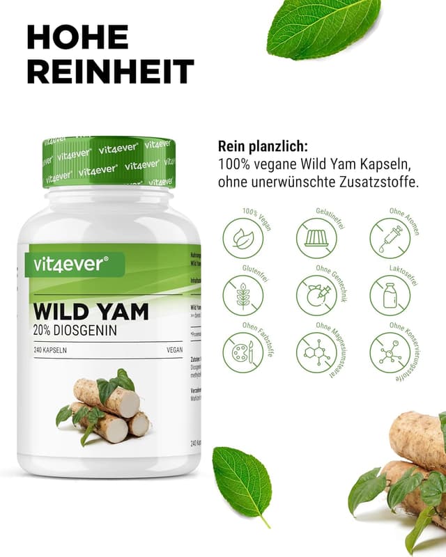 Detalle de Wild Yam Wurzel Extrakt – 240 Kapseln – 880 mg Extrakt täglich (176 mg Diosgenin) – vegan, laborgeprüft