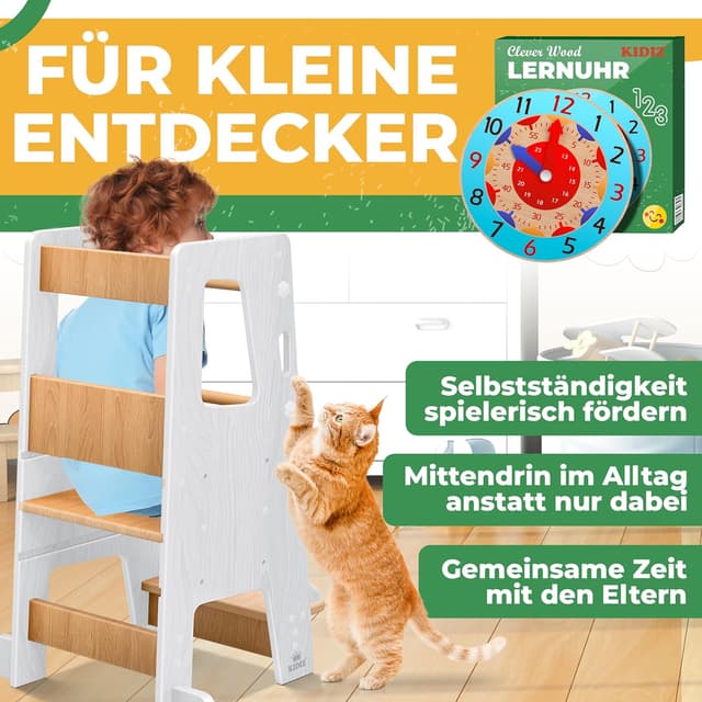 Detalle de KIDIZ® Lernturm für Kinder ab 1 Jahr inkl. Lernuhr – höhenverstellbarer Tritthocker aus Kiefernholz bis 50 kg