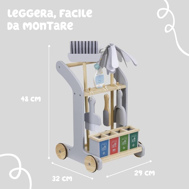 Detalle 2 de Baroni Toys Carrello Pulizia in Legno Montessori con 8 Pezzi, trainabile, con accessori per la raccolta differenziata