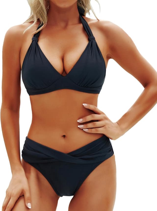 Detalle de Yonique Women Two-Piece Push-Up Halter Bikini Set (Vintage Swimwear)