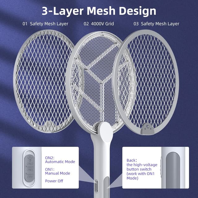 Detalle de PALONE 4000V Electric Fly Swatter Bug Zapper Racket (2-in-1, USB-C rechargeable)