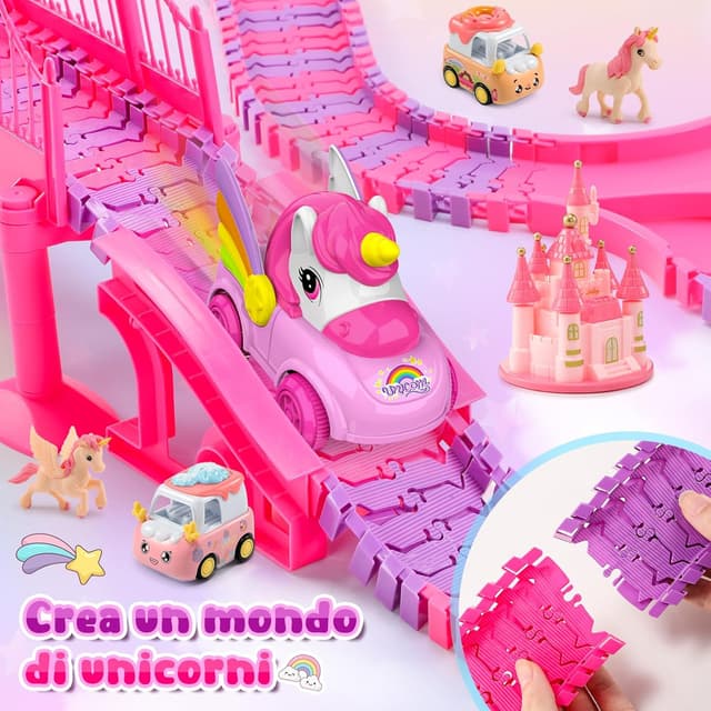 Detalle de iKidiki Unicorno Bambina: set pista macchinine con castello magico e 200 pezzi (3–8 anni)