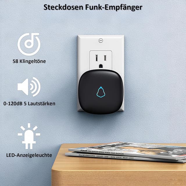 Detalle 2 de SECRUI Funkklingel für Haustür mit 2 Empfängern & 1 Sender, 58 Melodien, 5 Lautstärken, LED, IP55