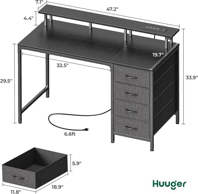 Detalle de Huuger 47 Inch Computer Desk with Power Outlets and LED Lights (4 Drawers, Monitor Stand)