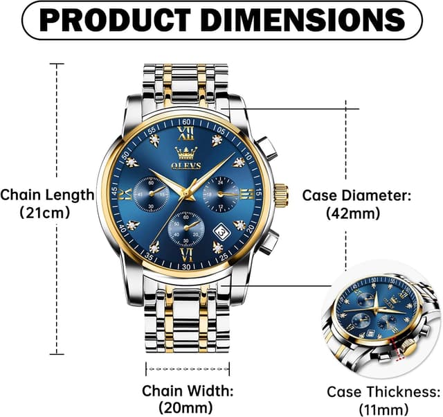 Detalle de OLEVS Men’s Chronograph Watch (Gold & Silver Stainless Steel) – Analog Quartz with Waterproof Dial