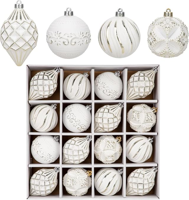 Thumbnail 6 de Oairse 16-piece Christmas tree baubles set (shatterproof) in white and gold