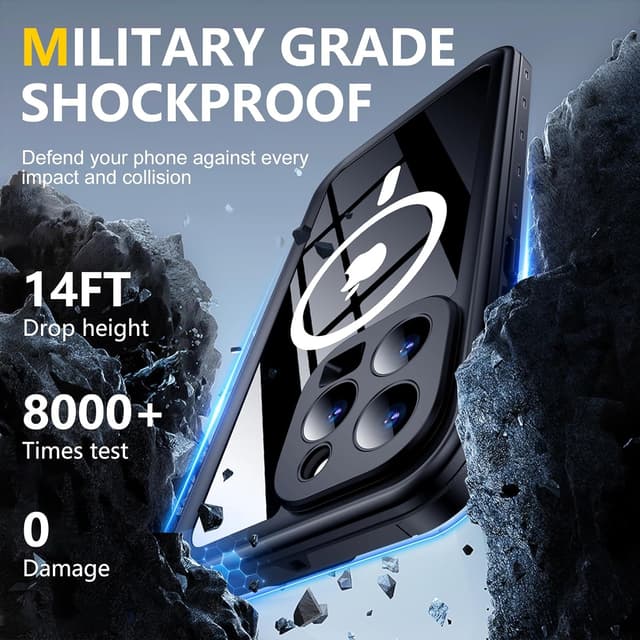 Detalle de Red2Fire Waterproof iPhone 15 Pro Case (6.1") with Built-in Screen & Camera Protection, MagSafe-Compatible (IP68) — Black/Clear