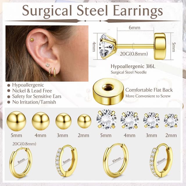 Thumbnail 4 de Jstyle Hypoallergenic 14K Gold Plated Studs for Sensitive Ears