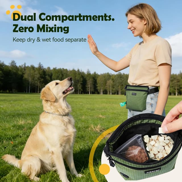 Detalle de AGPTEK sac à friandises pour chien avec fermeture magnétique et compartiments amovibles, vert
