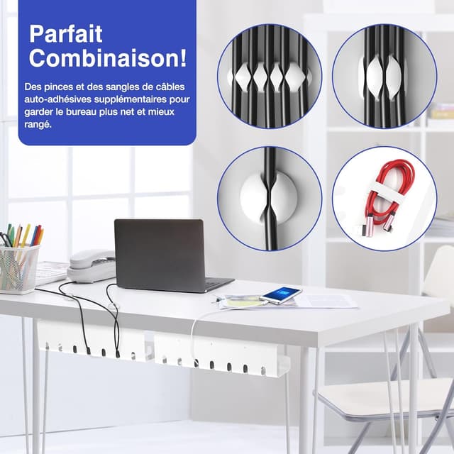 Detalle de HOMMAND Chemins de câbles sous le bureau (lot de 2) : gestion et rangement des câbles