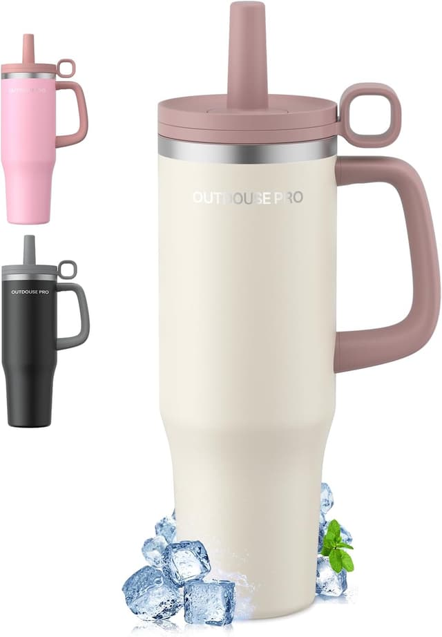 Detalle de Mug Isotherme Isotherme avec paille et poignée 1200 ml, couvercle étanche (beige)