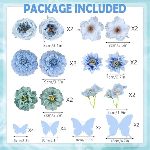 Detalle de MWOOT Flores artificiales variadas (12 rosas azules) con mariposas decorativas para centros de boda, graduación y baby shower