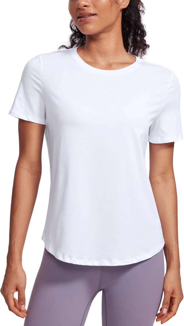 Detalle de CRZ YOGA Camicia da donna in cotone Pima a maniche corte, Classic Fit: top traspirante per yoga, sport e casual